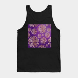 Mandala and Leaves Floral Pattern Gold Five Petal Flower on Purple Ombre Tank Top